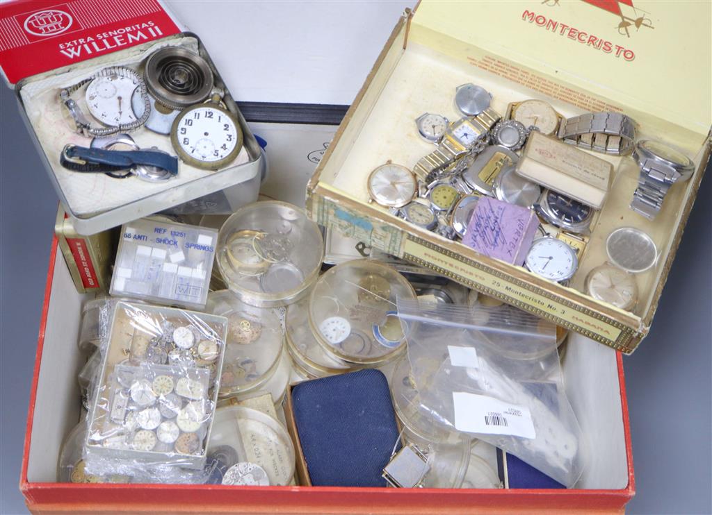 A large collection of wrist and pocket watches including gold plated, silver etc.), including parts and movements.
